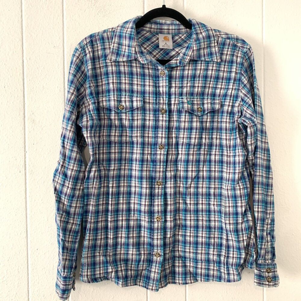 Carhartt Womens Medium Shirt Plaid Button Up Plaid Teal Blue Pocket Long Sleeve